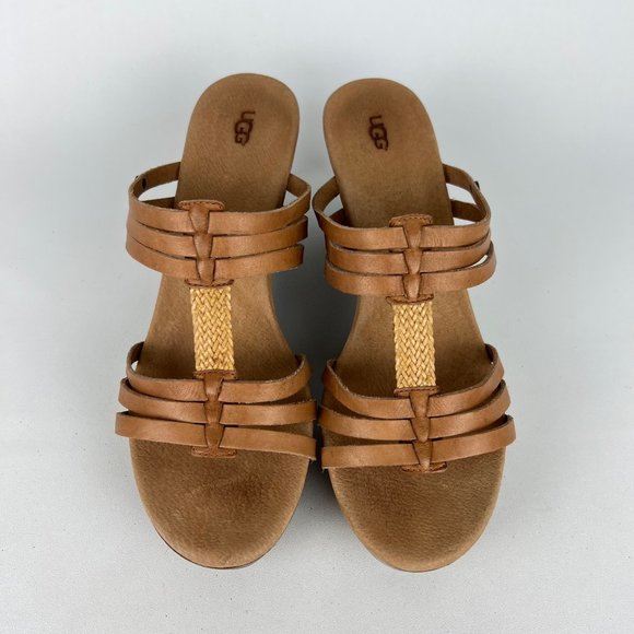 UGG Mattie Womens Platform Wedge Strappy Sandals Tan Brown Leather size 10 - Picture 2 of 16